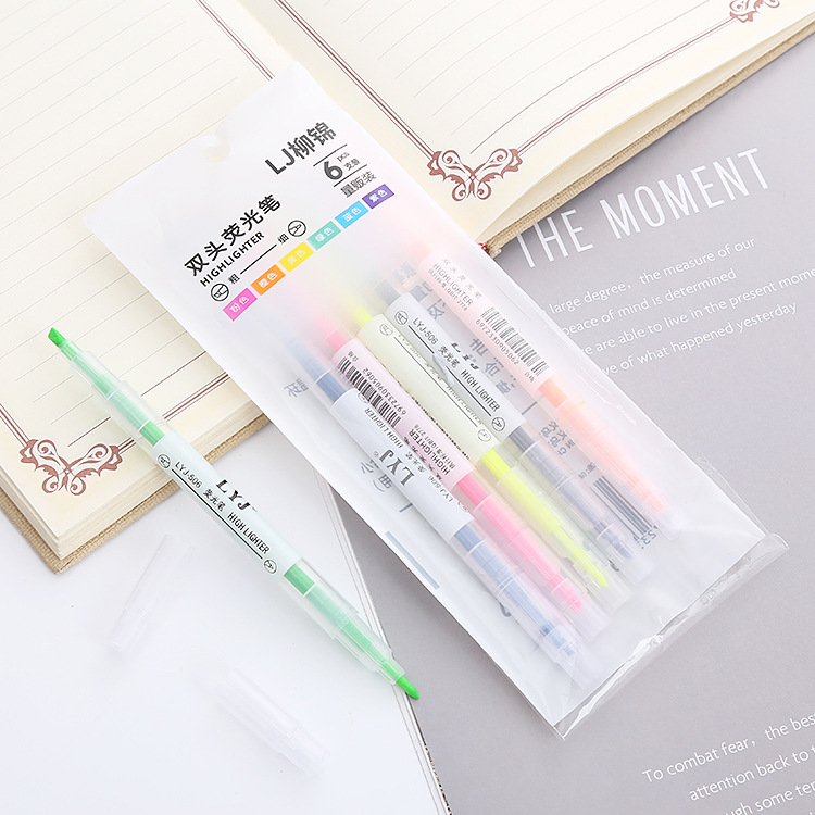 彩色双头荧光笔 6色标记重点划线记号笔学生涂鸦手账笔斜头水彩